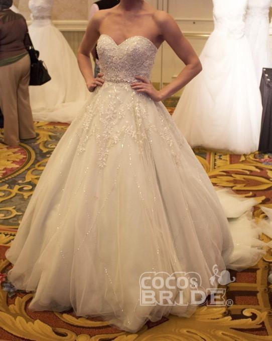 Shinny Long A-line Beaded Sweetheart Tulle Wedding Dress