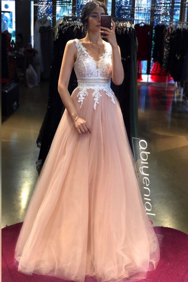 Long A-line V-neck Spaghetti Straps Backless Appliques Lace Tulle Prom Dress