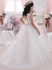 White Long Ball Gown Jewel Neck Tulle Lace Flower Girl Dresses