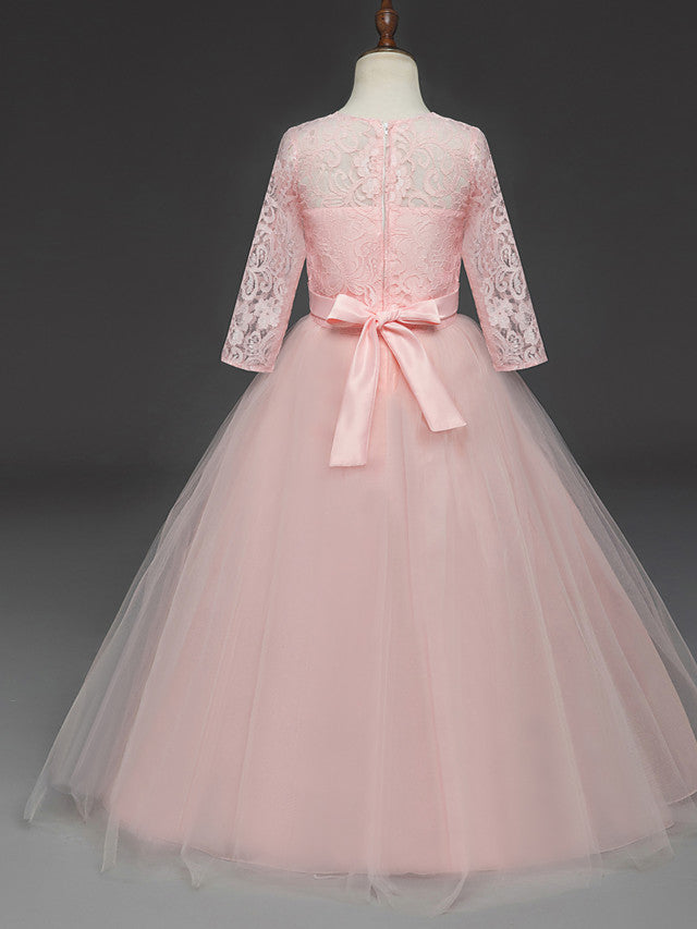 Long Ball Gown Tulle Lace Jewel Neck Flower Girl Dresses with Half Sleeve