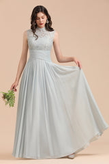 Long A-line High Neck Lace Sleeveless Chiffon Bridesmaid Dress