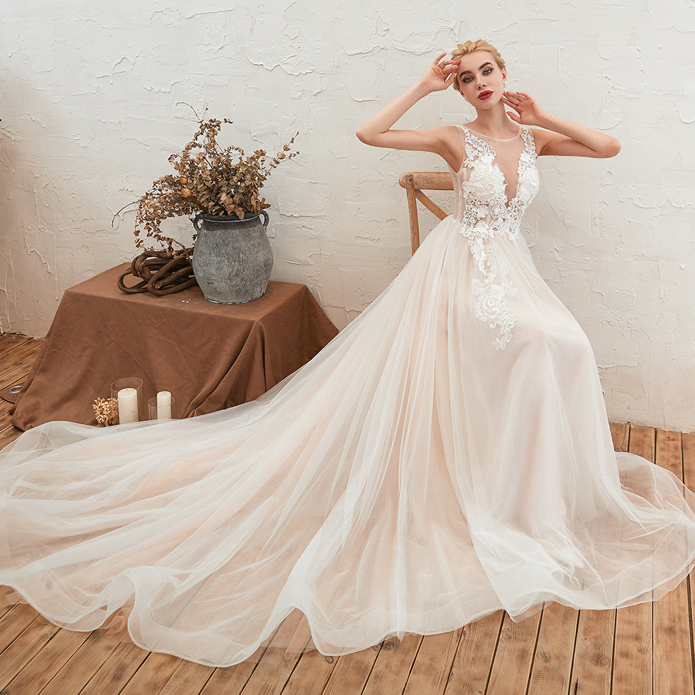 Long A-line Bateau Tulle Open Back Wedding Dress With Floral Lace