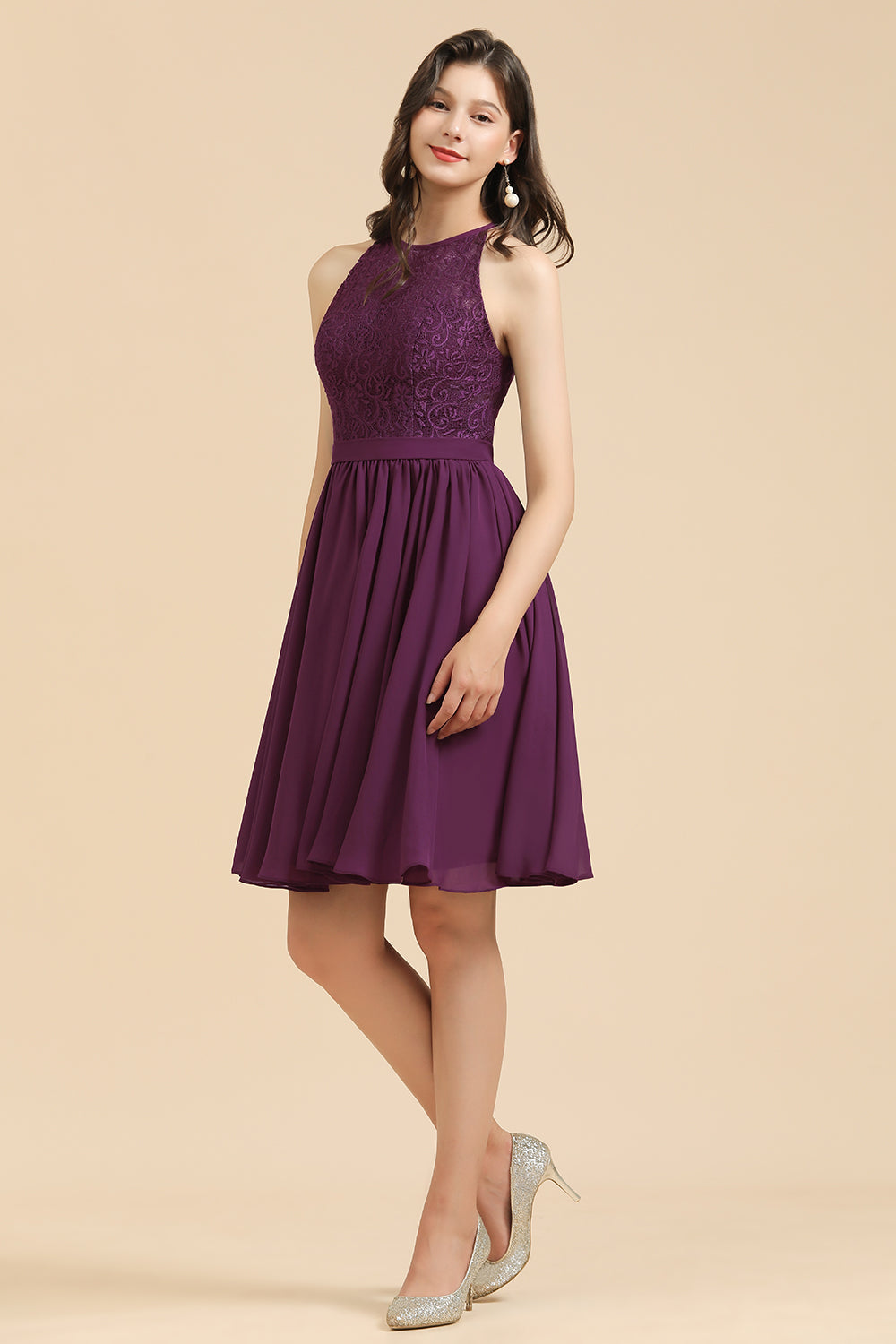 Short A-line Halter Lace Chiffon Wedding Party Dress