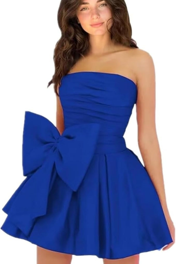 Simple Short A-line Strapless Sleeveless Ruffle Satin Homecoming Dress