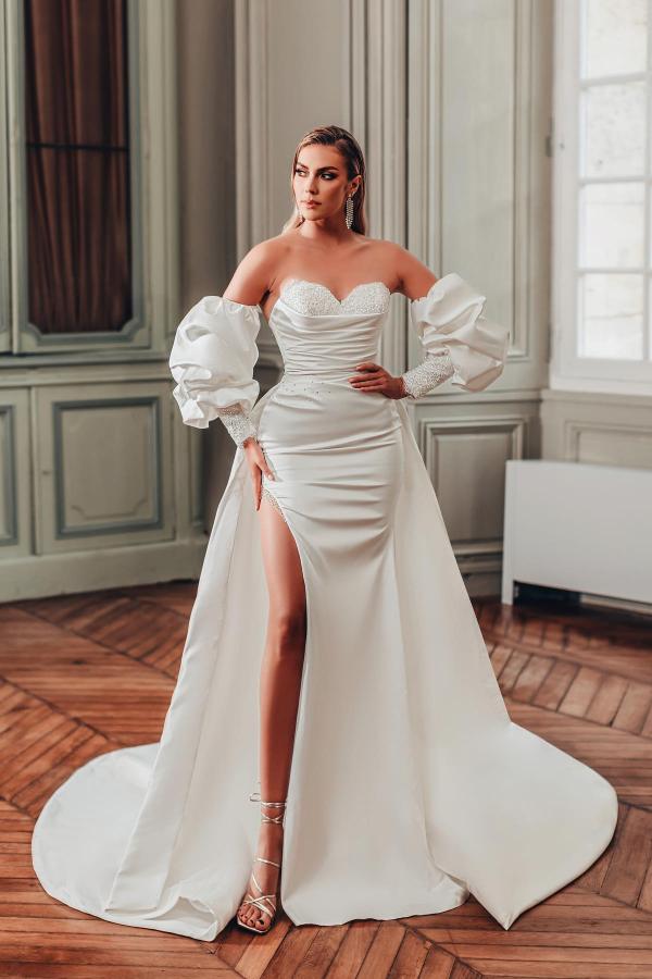 Mermaid Sweetheart Off the Shoulder Satin Long Beading Wedding Dress with Bubble Sleeves