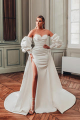 Mermaid Sweetheart Off the Shoulder Satin Long Beading Wedding Dress with Bubble Sleeves