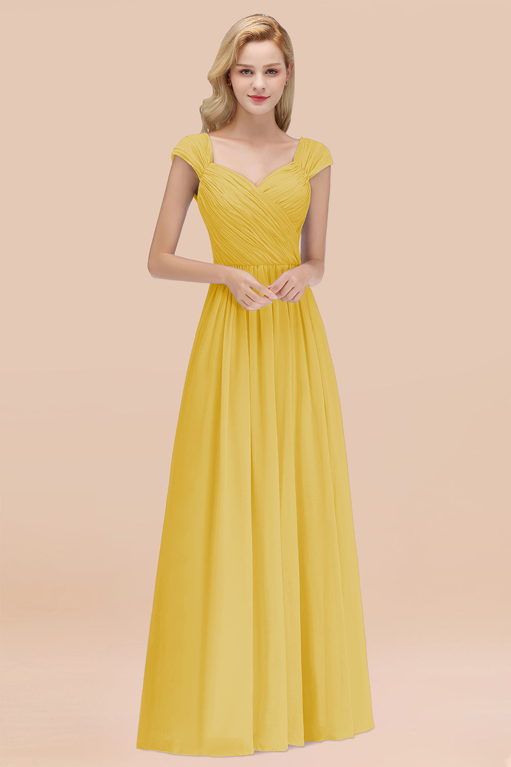 A-Line Chiffon Straps Sweetheart Sleeveless Floor Length Bridesmaid Dress with Ruffles