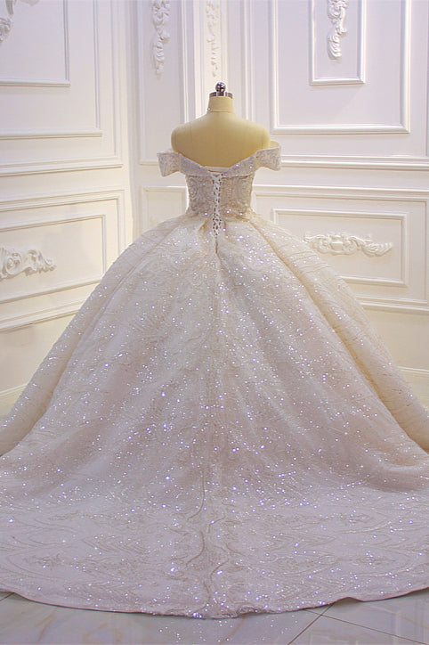 Classy Long Off the Shoulder Sequin Beading Satin Ruffles Ball Gown Wedding Dress