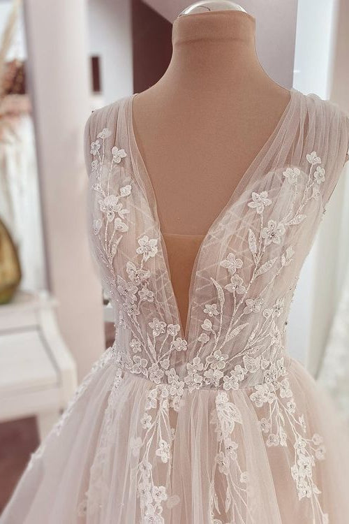 Long A-Line Wide Straps Appliques Lace Tulle Ruffles Wedding Dress