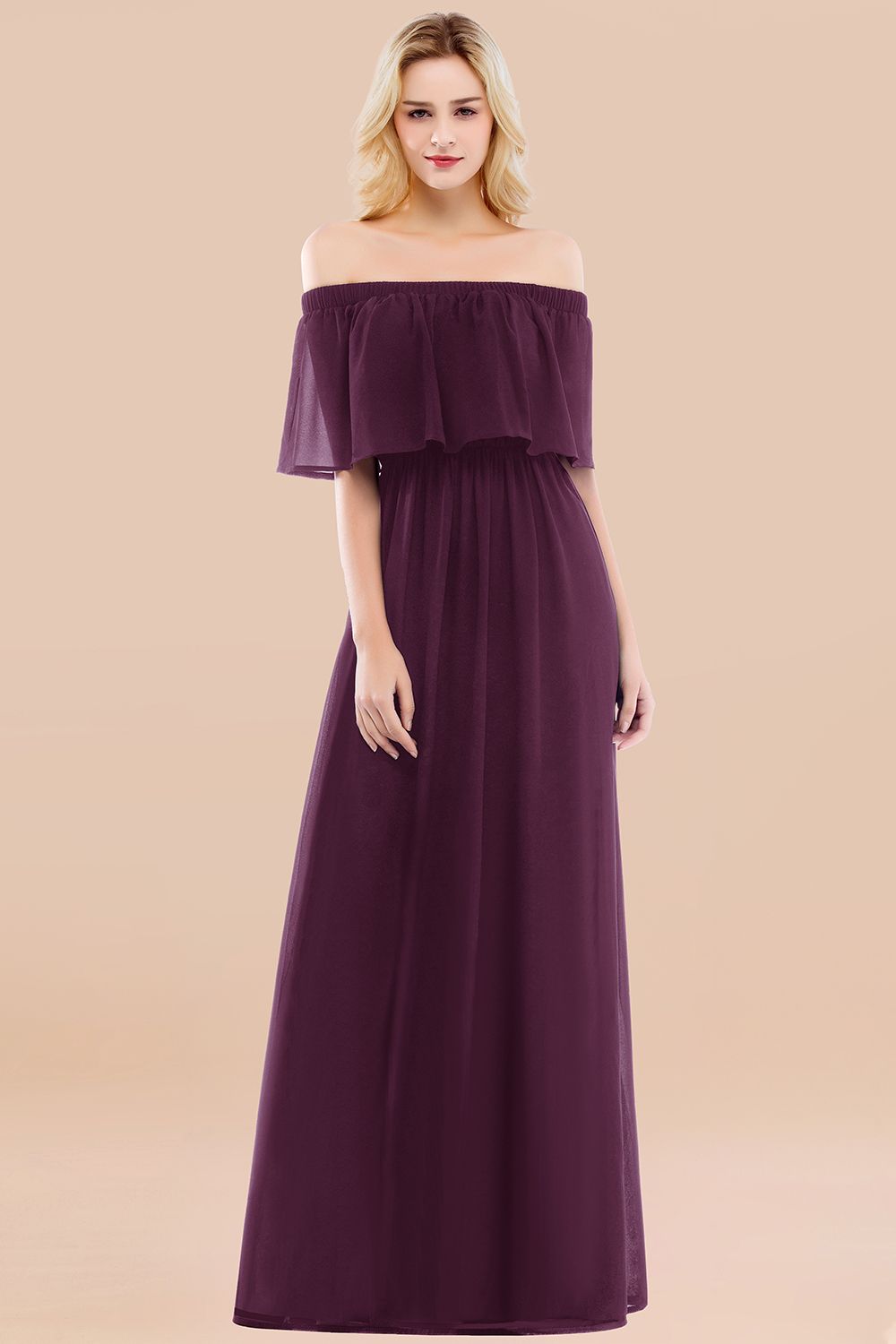 A-line Chiffon Off the Shoulder Short Sleeves Ruffles Floor Length Bridesmaid Dress