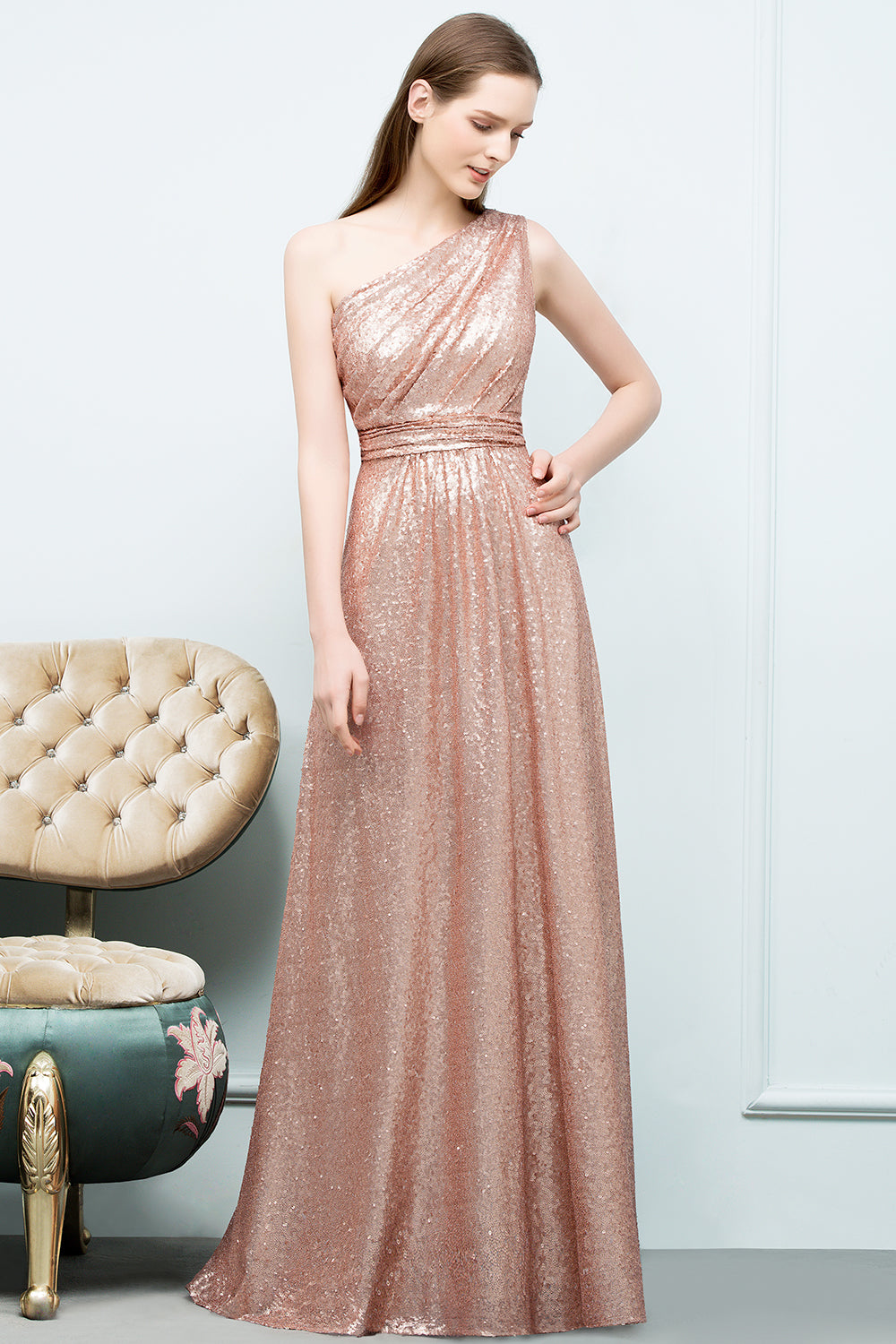 Long One Shoulder Sequined A-line Evening Formal Dress