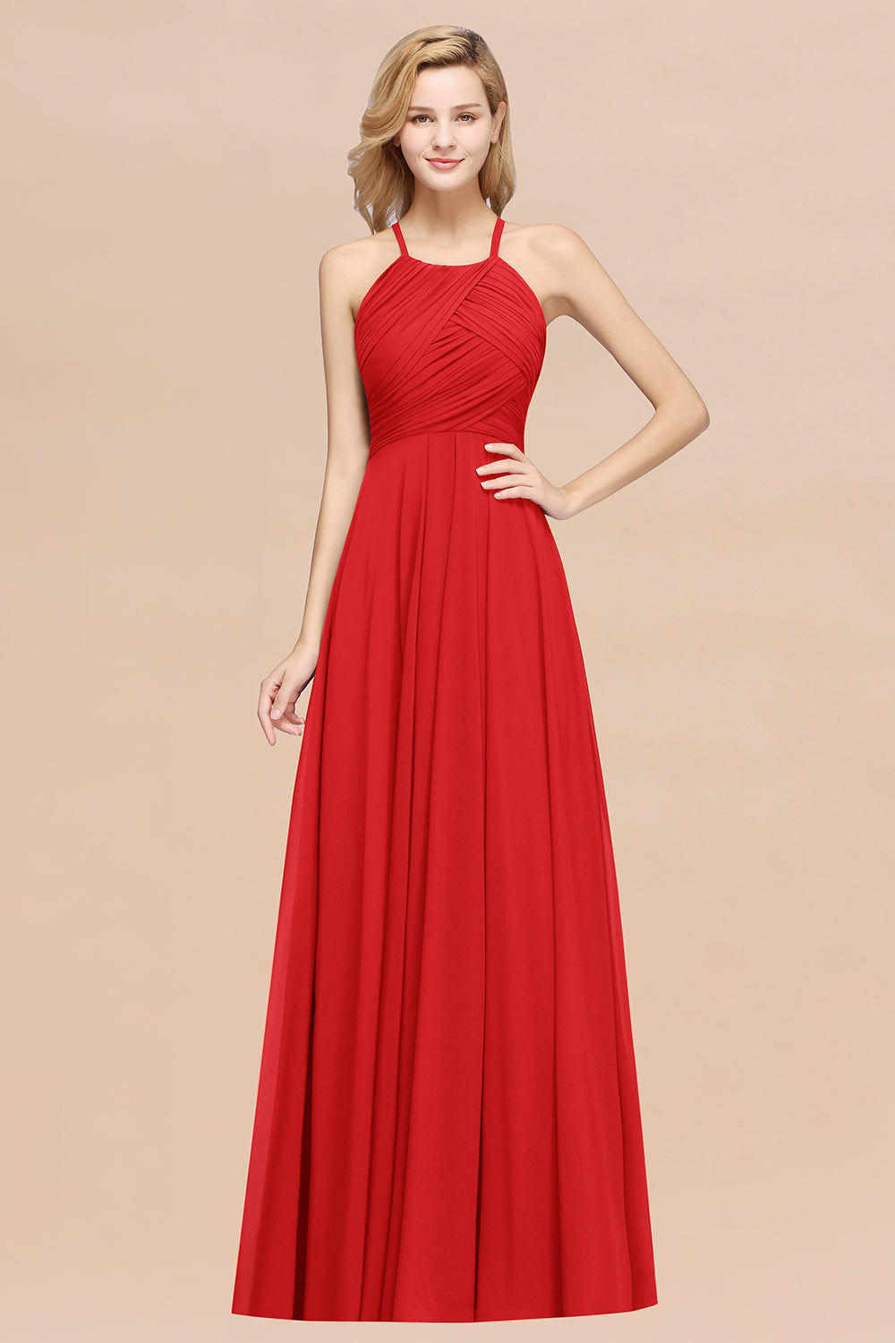 A-Line Chiffon Halter Ruffles Floor Length Bridesmaid Dress