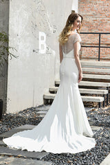 Long Mermaid Satin Lace Wedding Dress with Short Sleeve