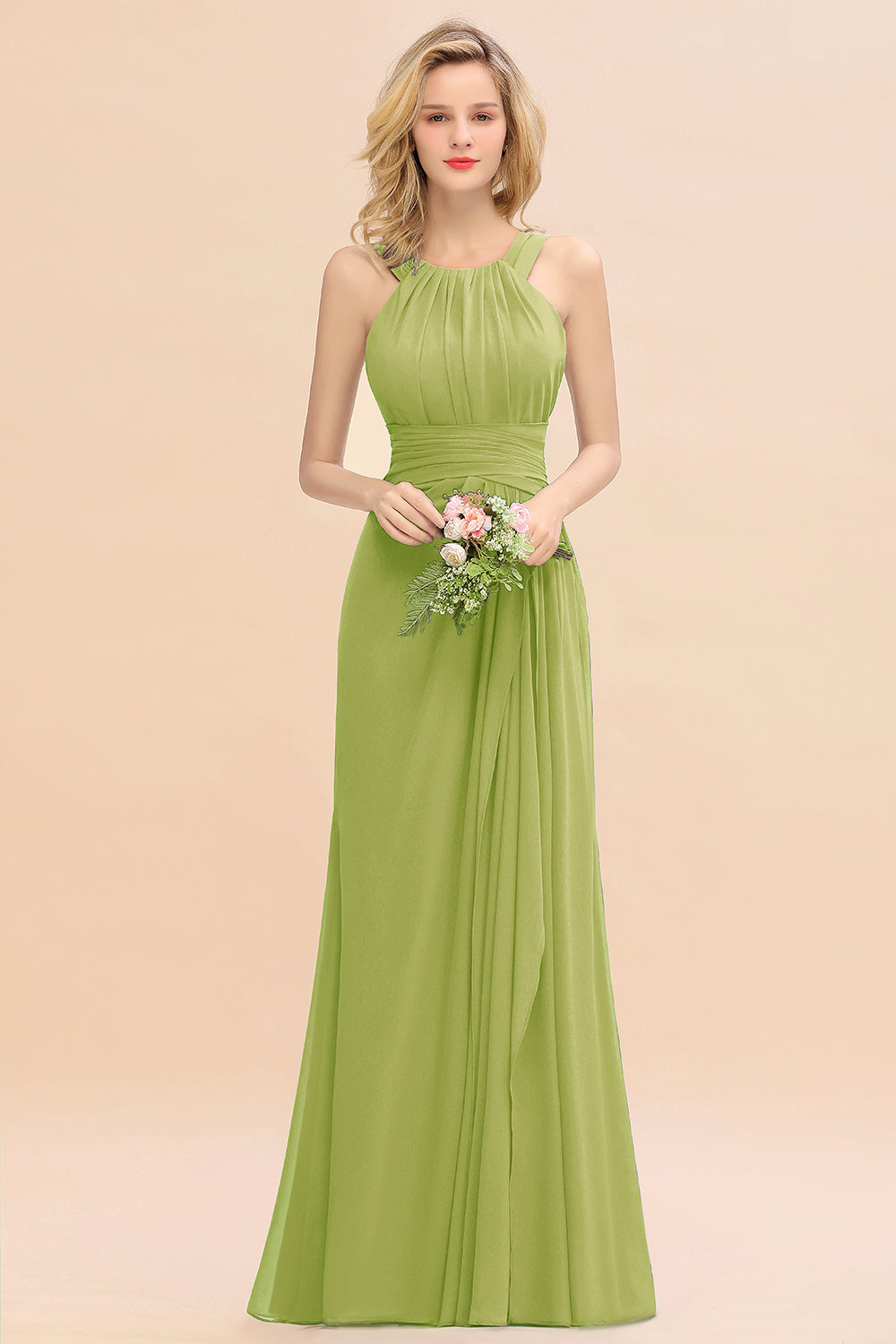 Long A-line Halter Chiffon Backless Floor Length Bridesmaid Dresses