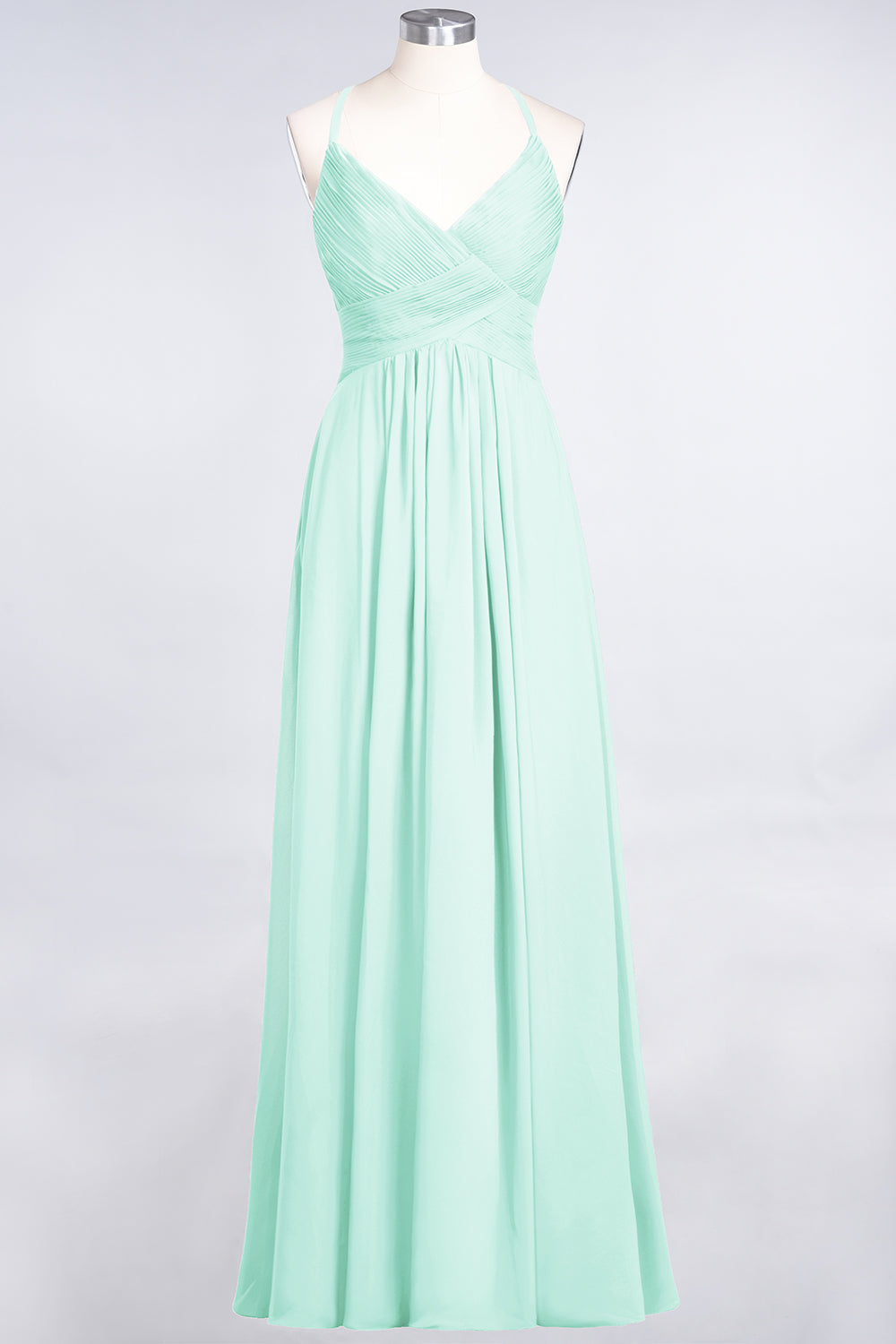 A-Line Chiffon Spaghetti Straps V-Neck Sleeveless Floor Length Bridesmaid Dress with Ruffles