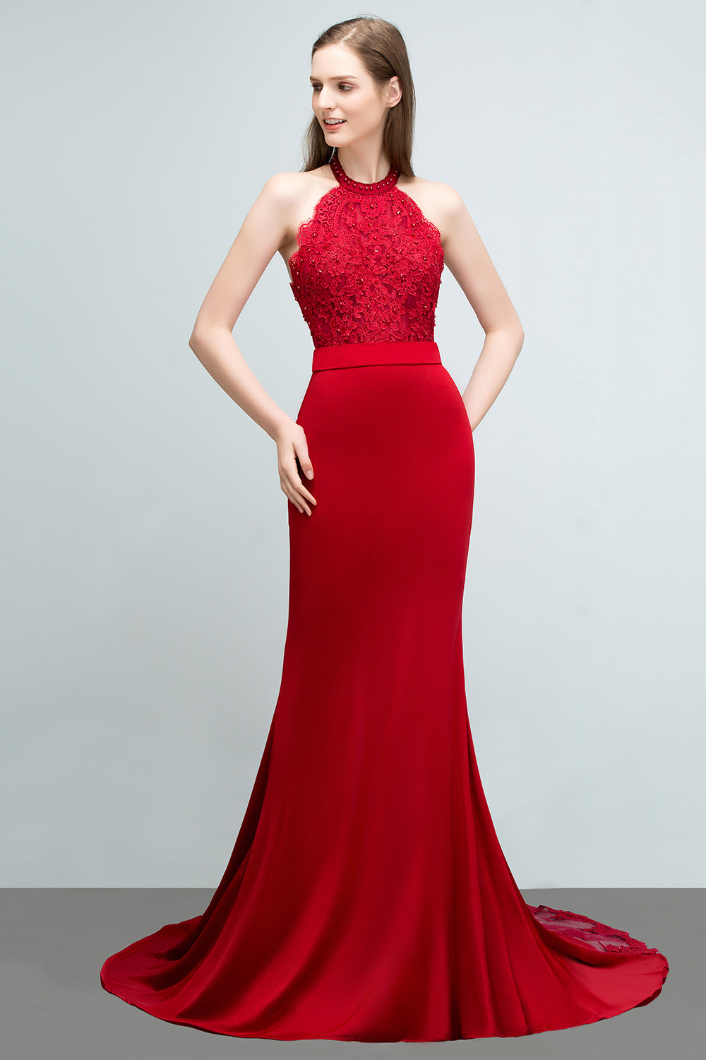 Long Halter Lace Satin Mermaid Red Evening Dress