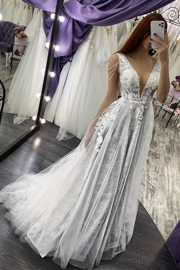 Long Straps V-neck Appliques Lace A-line Backless Wedding Dresses