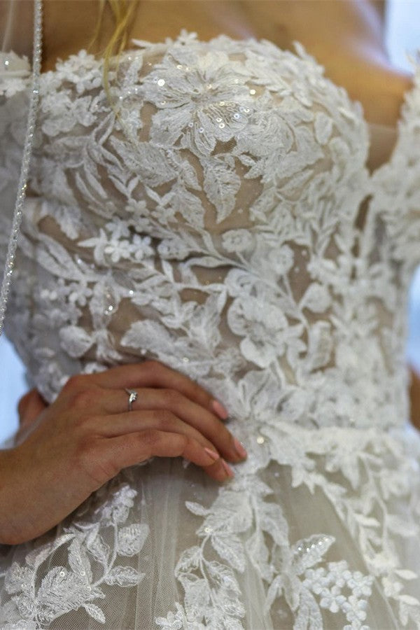 Modern Long A-line Off the Shoulder Tulle Lace Wedding Dress with slit