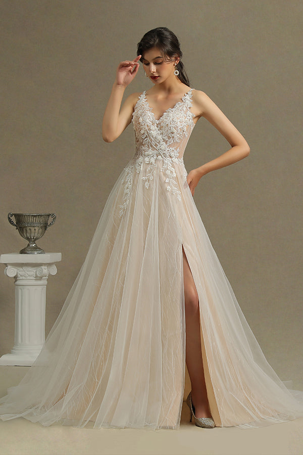 Long Straps Floral Lace Appliques A-line Side Split Backless Wedding Dress