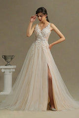 Long Straps Floral Lace Appliques A-line Side Split Backless Wedding Dress
