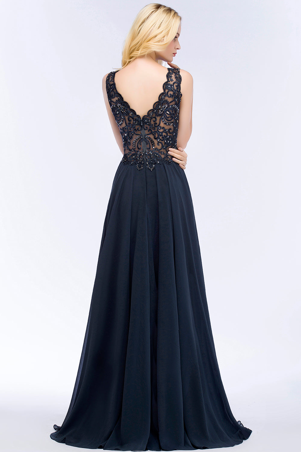 A-line Chiffon Appliques V-neck Sleeveless Floor Length Bridesmaid Dresses with Crystals