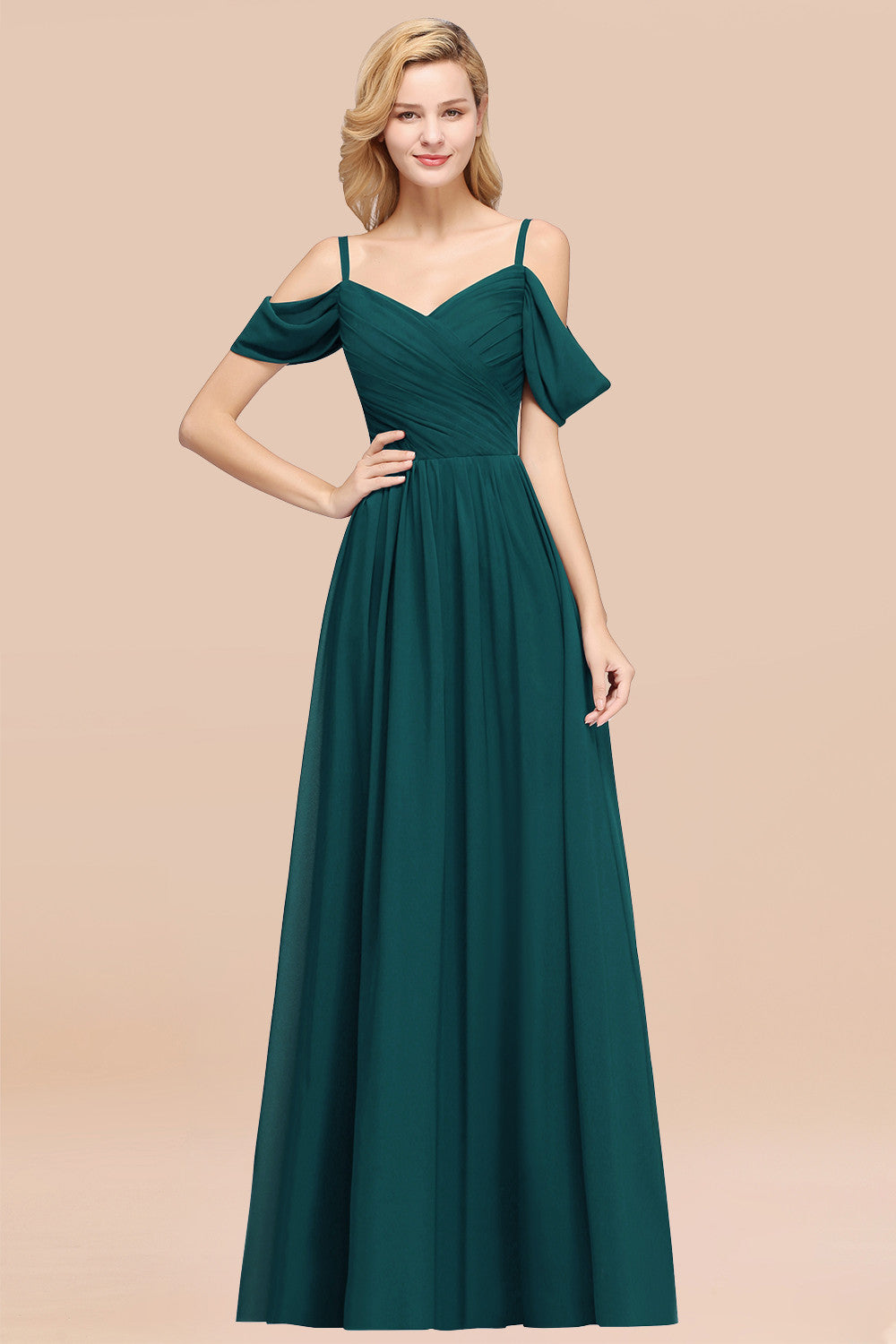 A-Line Chiffon V-Neck Spaghetti Straps Short Sleeves Floor Length Bridesmaid Dresses with Ruffles
