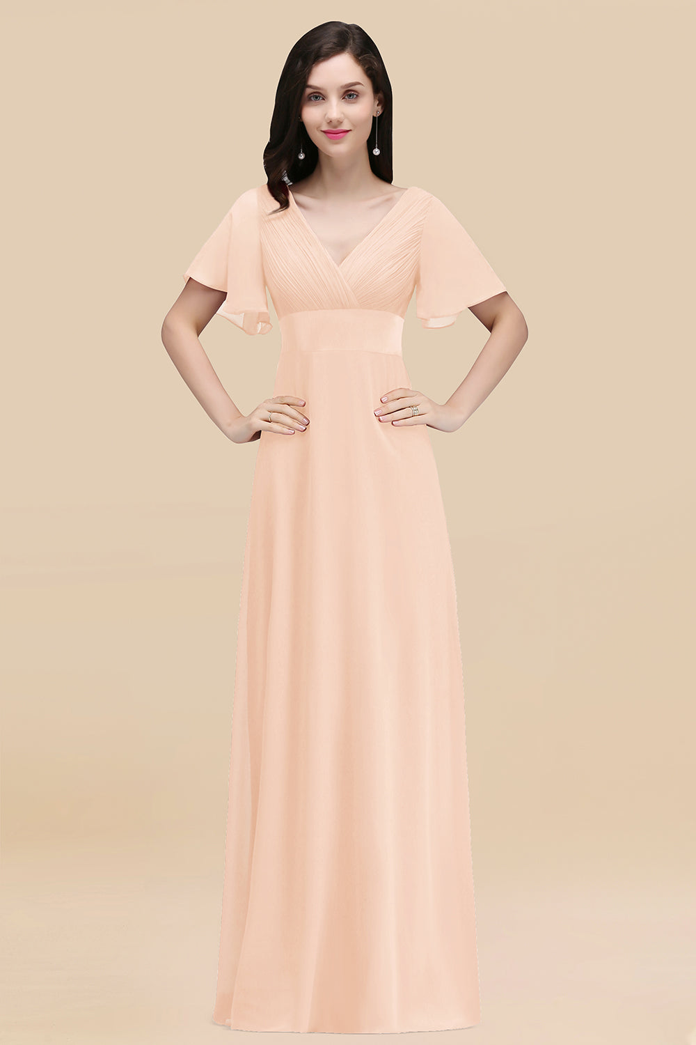 Simple A-Line Chiffon V-Neck Short Sleeves Ruffles Floor Length Bridesmaid Dresses