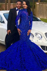 Royal Blue Long Mermaid High Neck Appliques Sequin Prom Dress