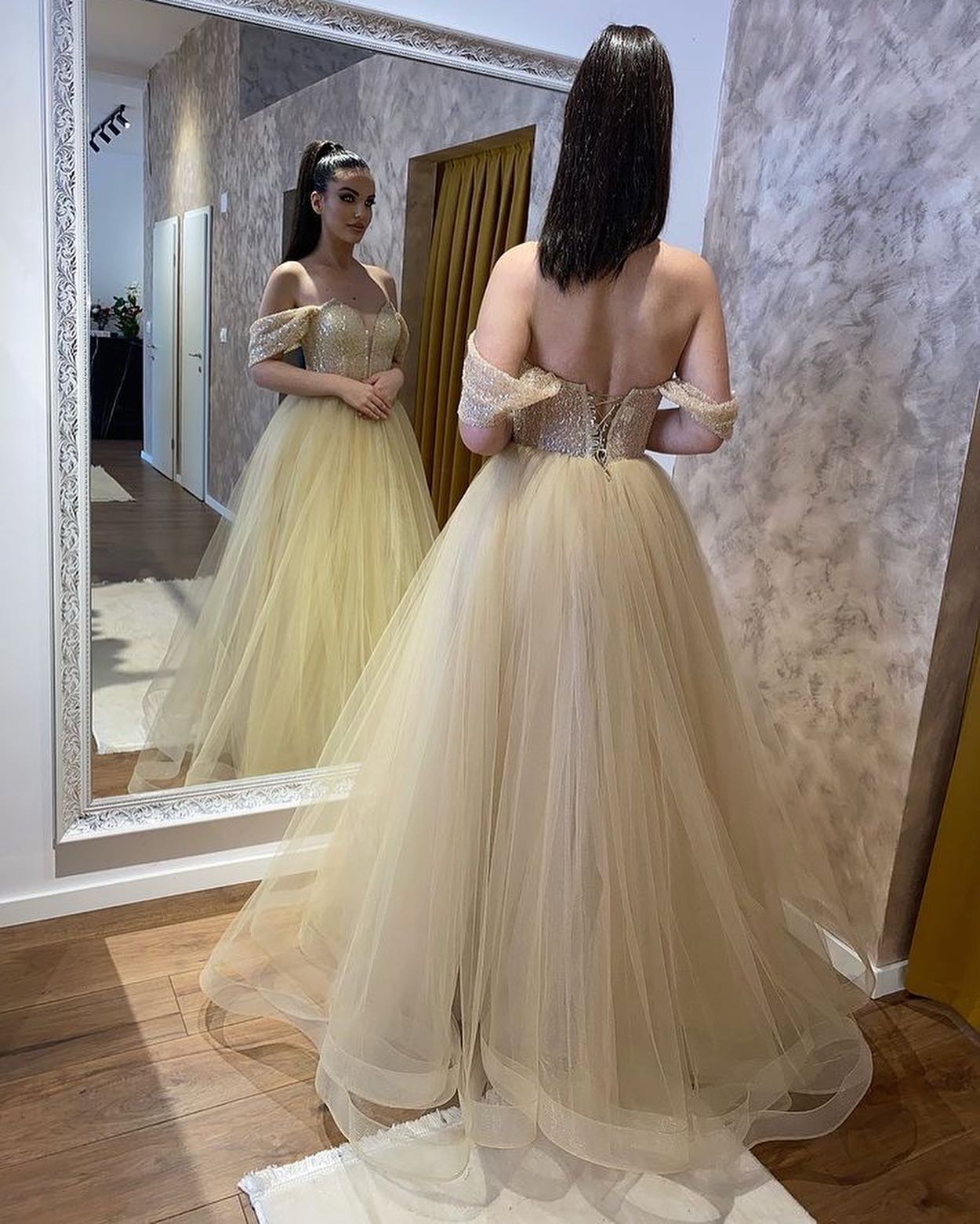 Classy Long Sweetheart Off the Shoulder Beading A-Line Tulle Ruffles Wedding Dress