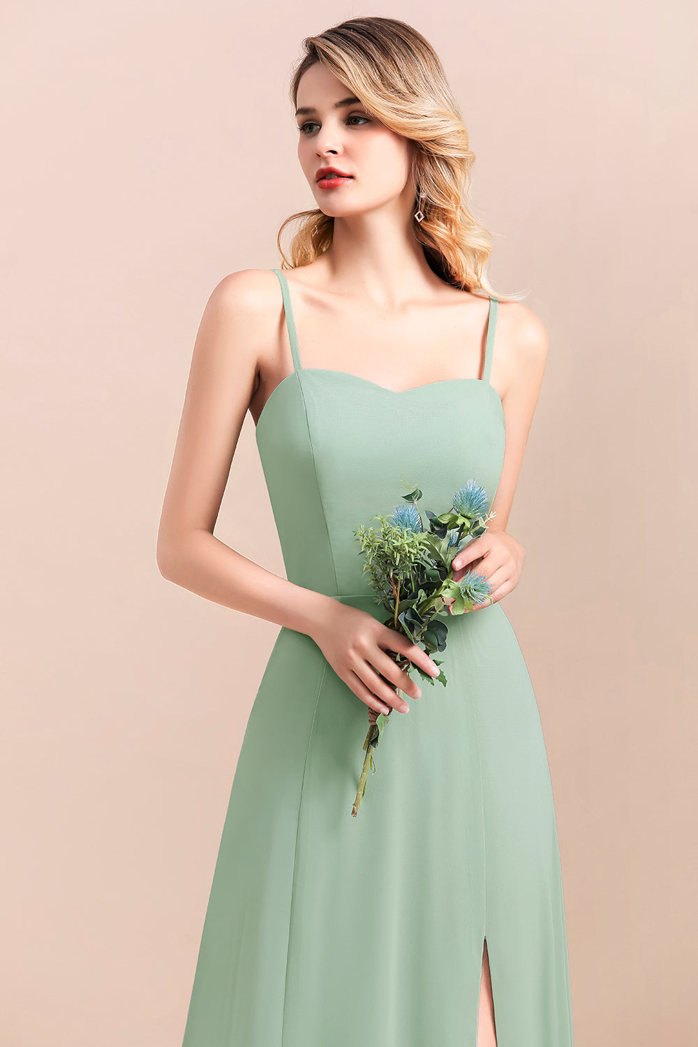 Romantic Sage Long Spaghetti Straps A-Line Chiffon Bridesmaid Dress With Side Slit