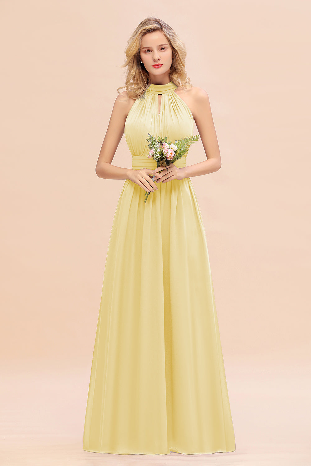 Dusty Sage Long High Neck Chiffon Bridesmaid Dresses with Ruffle