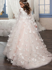 Long A-line Tulle Birthday Lace Birthday Flower Girl Dresses