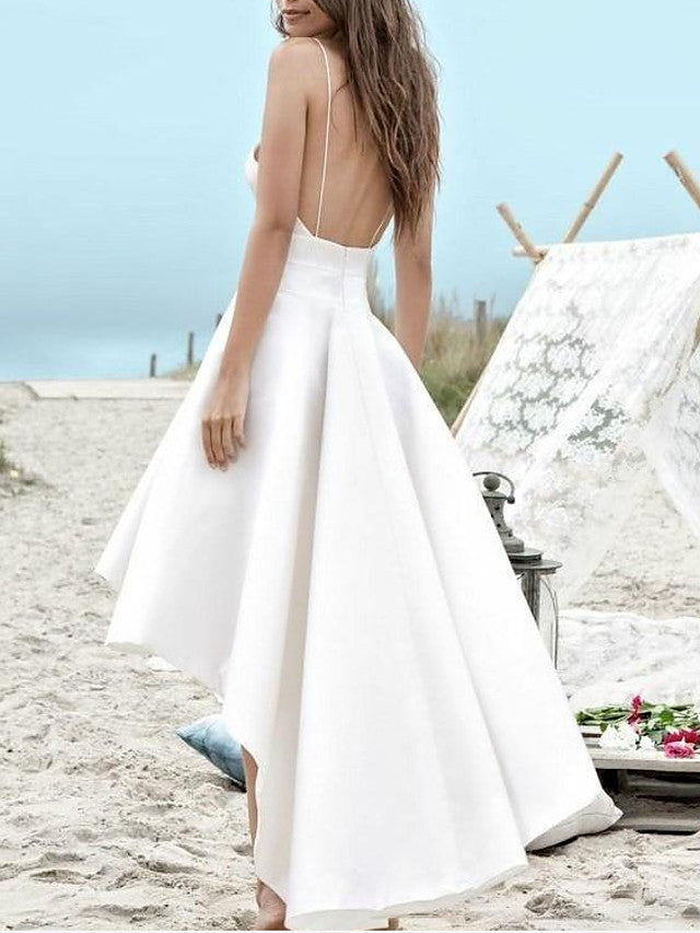 High Low A-line V-neck Satin Spaghetti Strap Asymmetrical Wedding Dresses with Pockets
