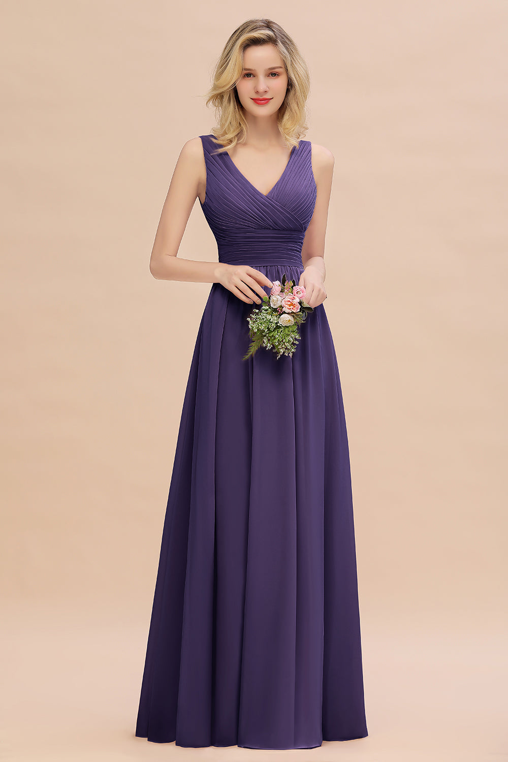 Elegant A-line V-Neck Ruffles Long Bridesmaid Dress