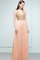 Long V-neck Chiffon Lace A-line Evening Dress