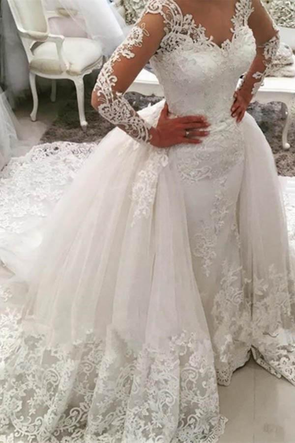 Gorgeous Ivory V-Neck Long Sleeves Ball Gown Appliques Watteau Train Wedding Dress