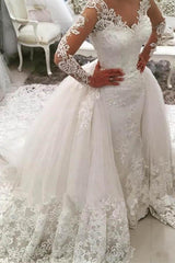 Gorgeous Ivory V-Neck Long Sleeves Ball Gown Appliques Watteau Train Wedding Dress