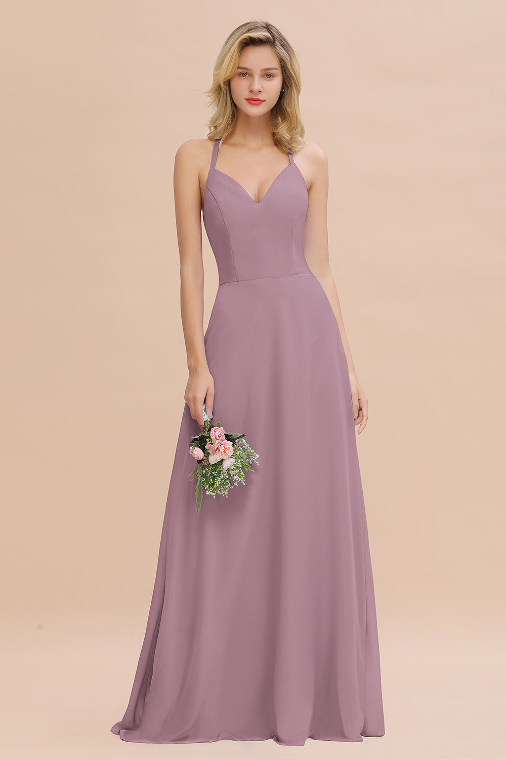 Stylish Chiffon Spaghetti Straps Sleeveless Long Bridesmaid Dress