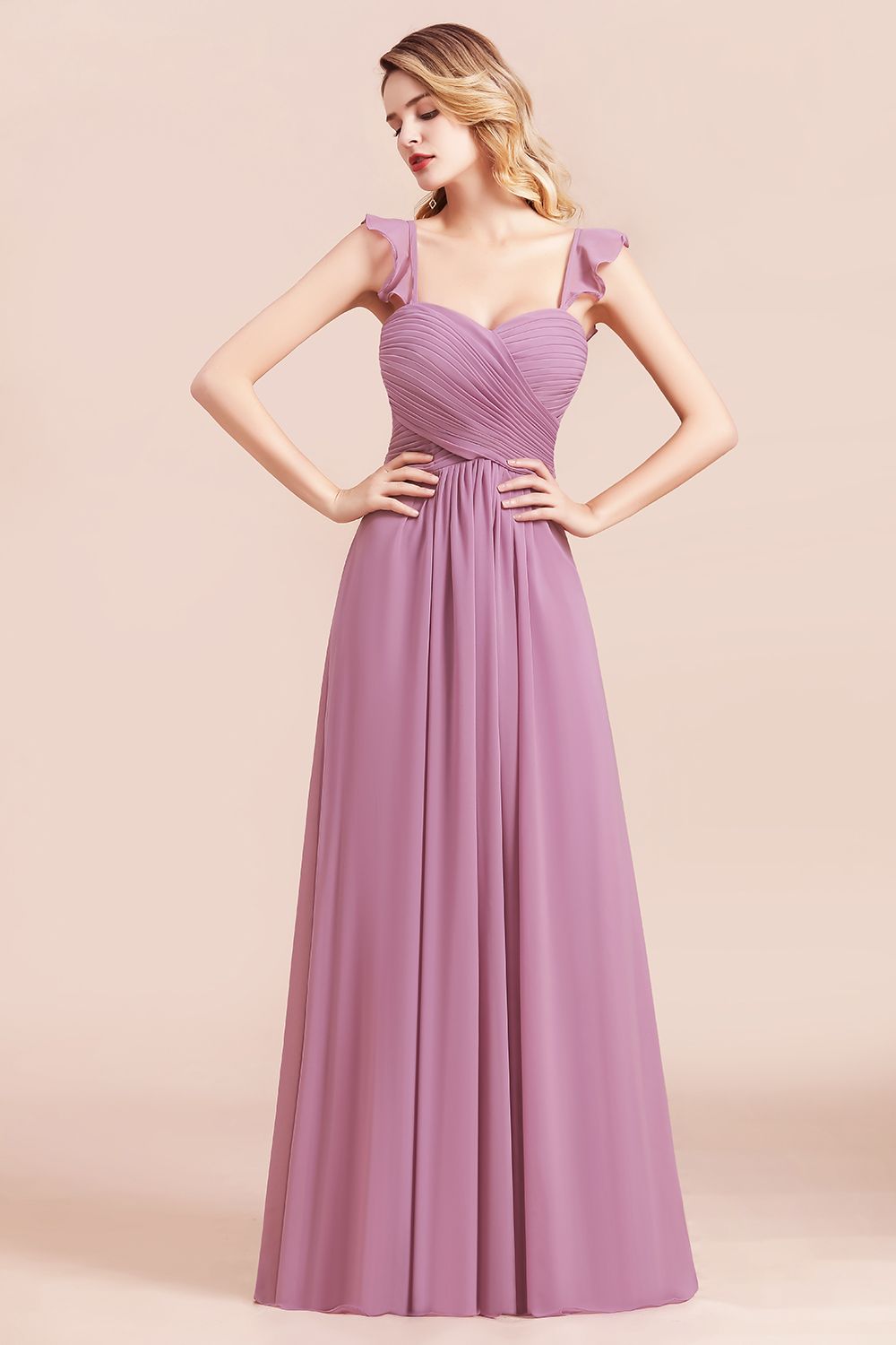 Sweetheart Ruffles Straps Chiffon Long Bridesmaid Dress A-Line Sleeveless Party Dress