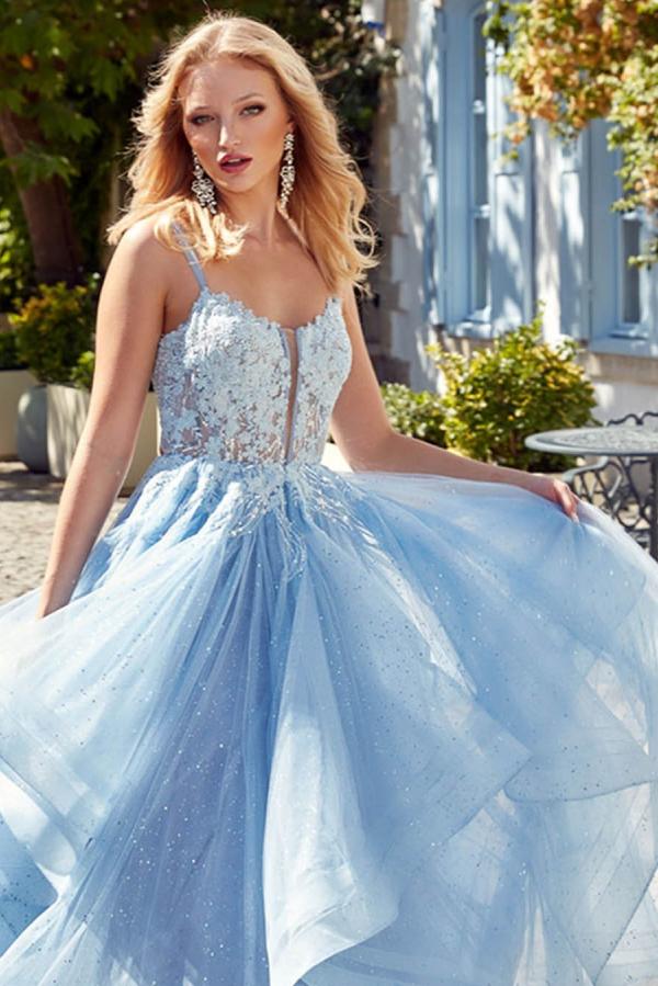 Long A-line Open Back Spaghetti Straps Lace Up Tulle Prom Dress
