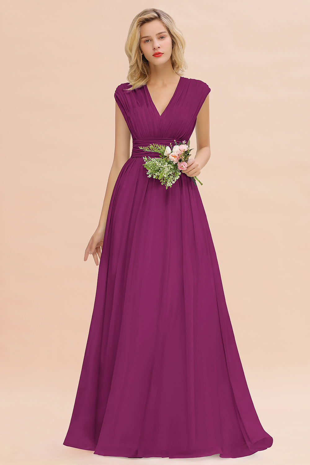 Chiffon V-Neck Sleeveless Elegant A-line Ruffles Bridesmaid Dress