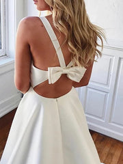 Long A-line V-neck Satin Sleeveless Wedding Dresses with Pockets