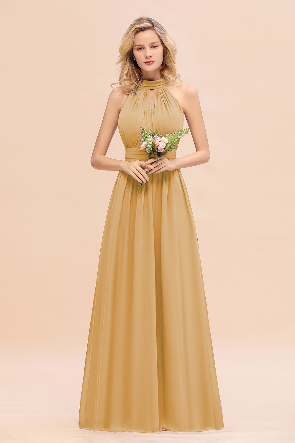 Dusty Sage Long High Neck Chiffon Bridesmaid Dresses with Ruffle