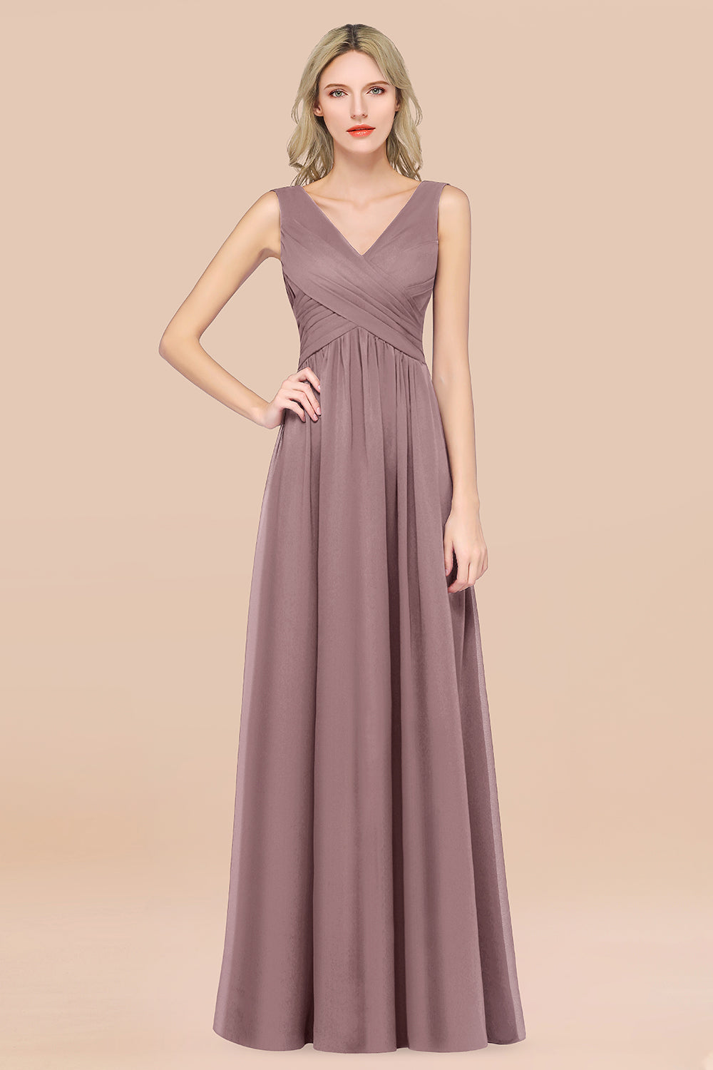 A-Line Chiffon Straps V-Neck Sleeveless Floor Length Bridesmaid Dress with Ruffles