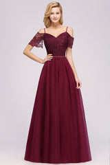 A-Line Chiffon Lace Sweetheart Spaghetti Straps Short Sleeves Floor Length Bridesmaid Dresses with Ruffles