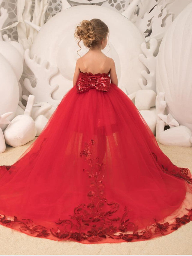 Red Ball Gown Sequin Tulle Sleeveless Flower Girl Dresses with Bow