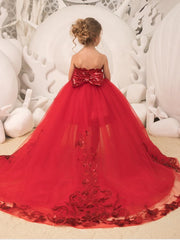 Red Ball Gown Sequin Tulle Sleeveless Flower Girl Dresses with Bow