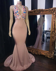 Long Mermaid Appliques Lace Sleeveless V-neck Prom Dresses