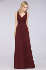 A-Line Chiffon V-Neck Straps Sleeveless Ruffles Floor Length Bridesmaid Dress with Open Back