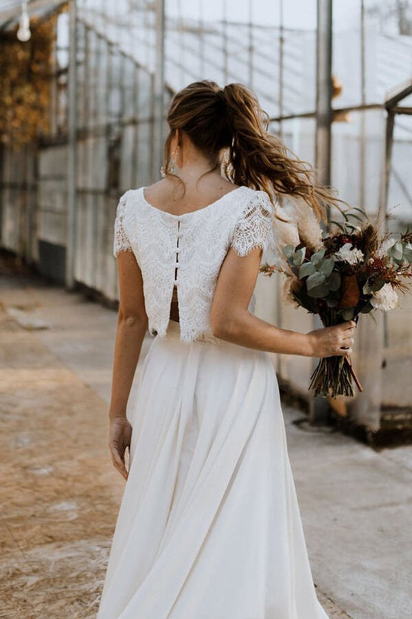 A-line Satin Lace High Low Two Piece Wedding Dress with Short Sleeve